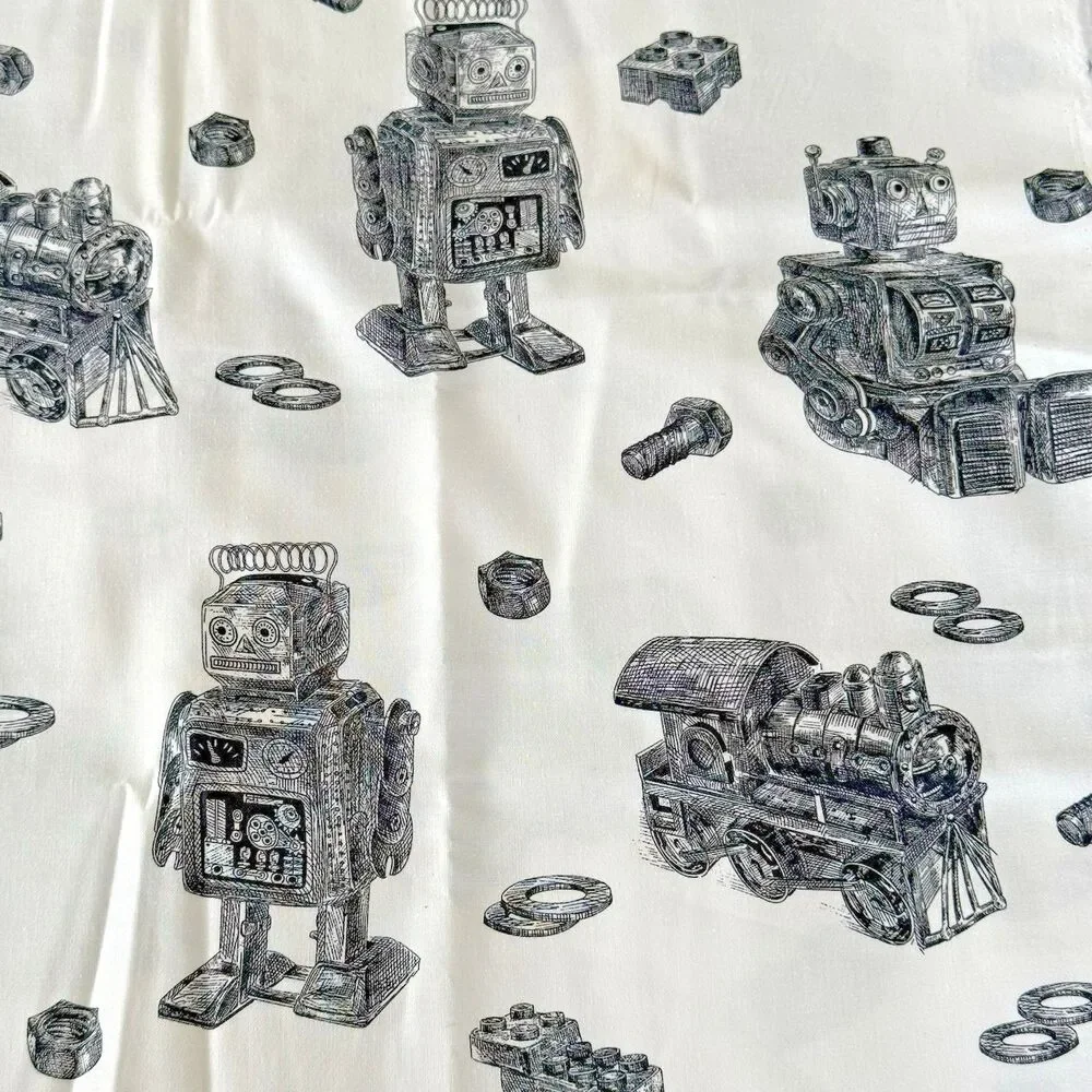 Robots Trains Bolts Black Off White Fabric Boys Cotton Quilt Fabric BTY